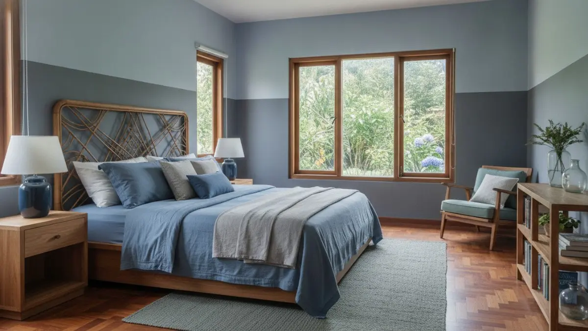 Kamar tidur dengan palet biru abu-abu yang memberi kesan sejuk dan tenang untuk istirahat optimal. (BTV/AI)

