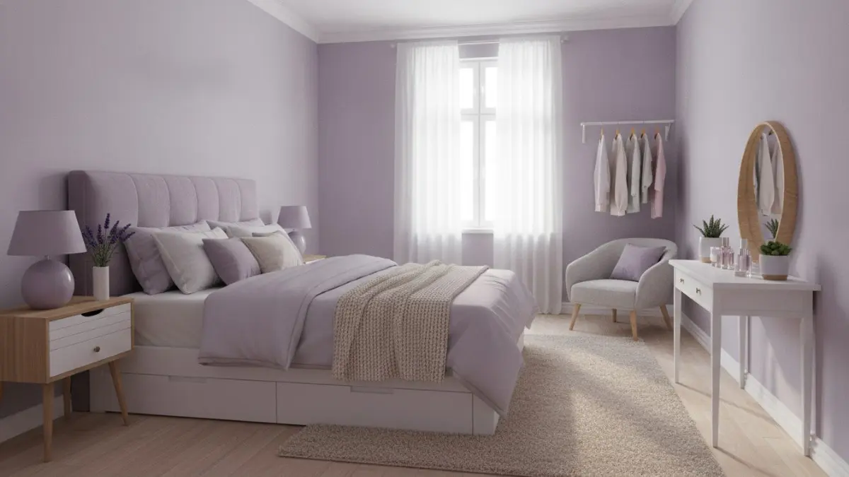 Kamar tidur lavender pucat keabu-abuan menghadirkan suasana lembut, tenang, sejuk, elegan, dan nyaman untuk beristirahat. (BTV/AI)
