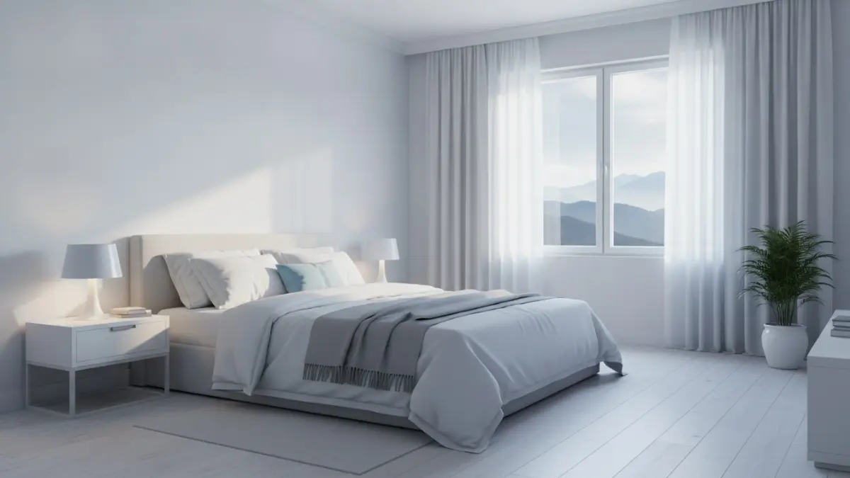 Kamar tidur putih hangat bernuansa dingin memantulkan cahaya lembut, terasa sejuk, bersih, dan nyaman sepanjang hari. (BTV/AI)
