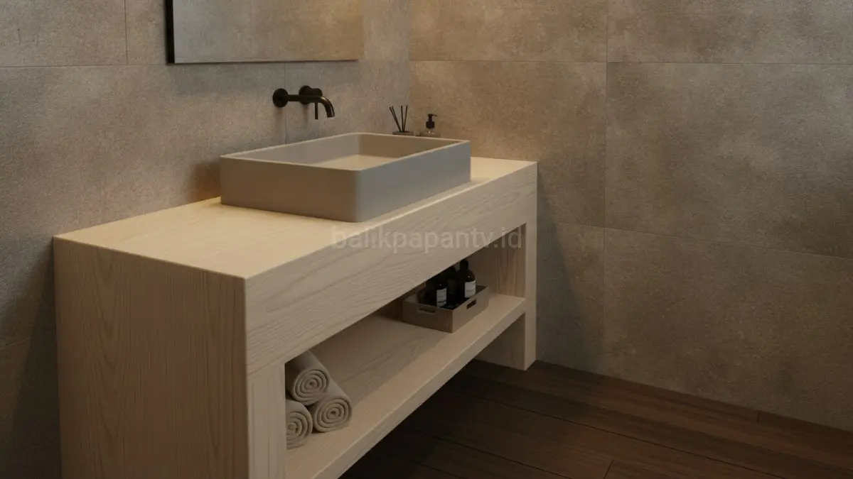 Kayu terang dan permukaan matte menciptakan suasana kamar mandi yang hangat dan menenangkan.(BTV/AI) 