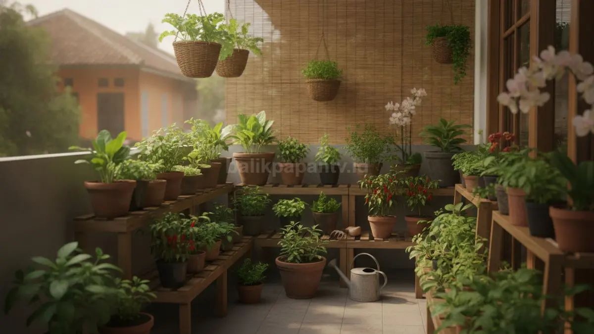 Kebun mini produktif di teras rumah kecil dengan pot sayuran dan rempah yang tertata rapi.(BTV/Ai)