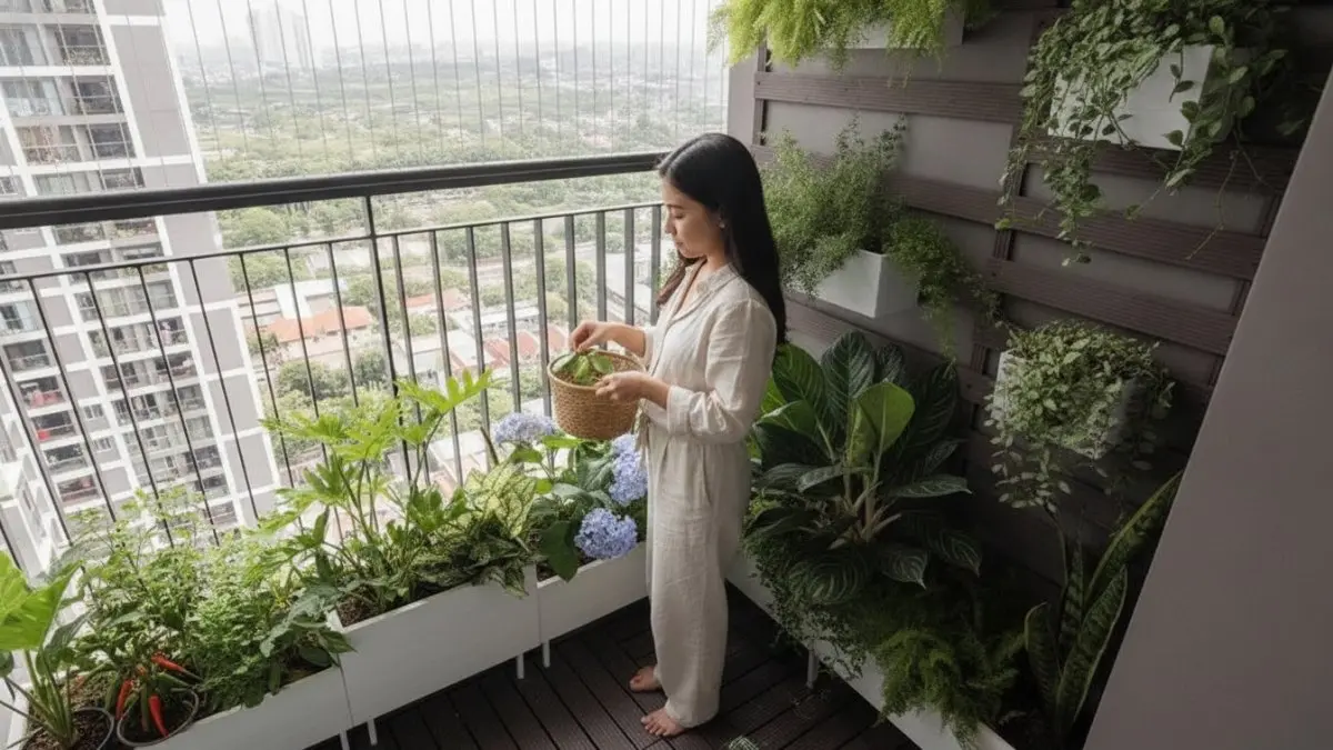 Kebun vertikal di balkon apartemen dengan herba segar siap panen yang hemat ruang untuk memasak. (BTV/AI)
