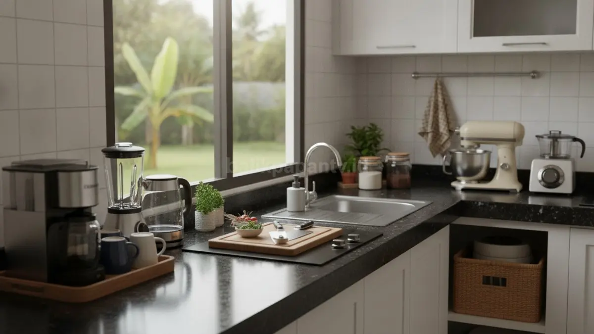 Kelompokkan peralatan dapur sesuai frekuensi penggunaan agar countertop tetap rapi, lapang, dan mudah diakses.  (BTV/AI)