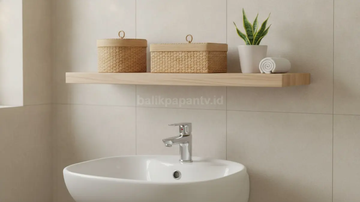 Keranjang penyimpanan pada floating shelf menjaga barang kecil tersembunyi dan kamar mandi rapi.  (BTV/AI)