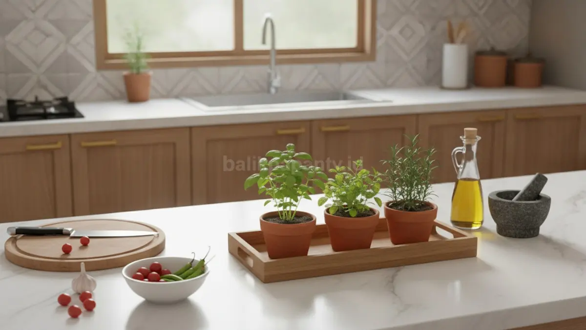 Kitchen Counter Styling modern dengan tray, tanaman herbal, dan area kerja yang lapang.  (BTV/AI)