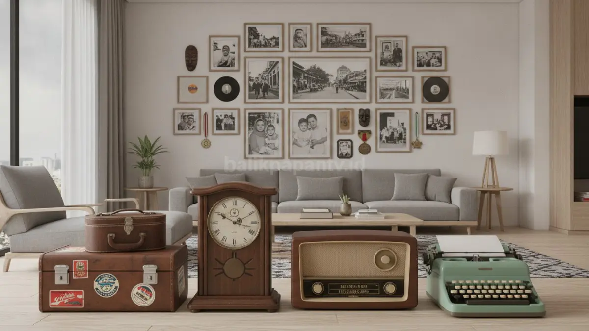 Koleksi barang vintage seperti radio klasik dan koper tua memperkuat karakter interior rumah. (BTV/Ai)
