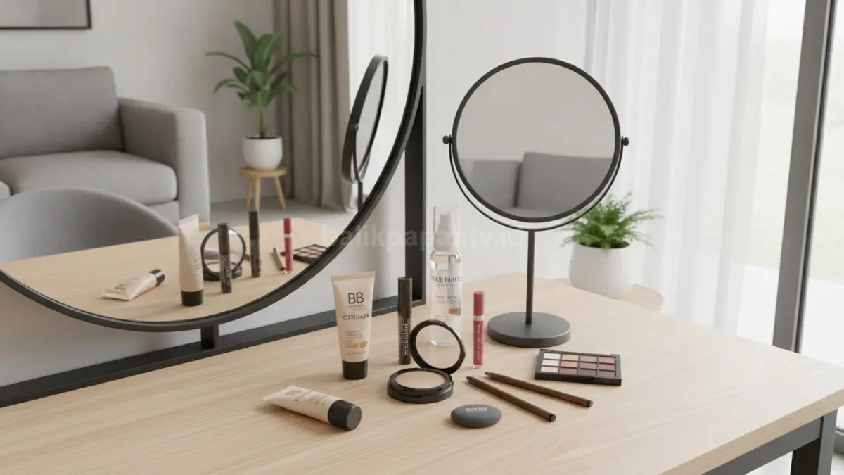 Koleksi makeup budget pelajar dengan produk dasar untuk tampilan segar dan praktis sehari-hari.
