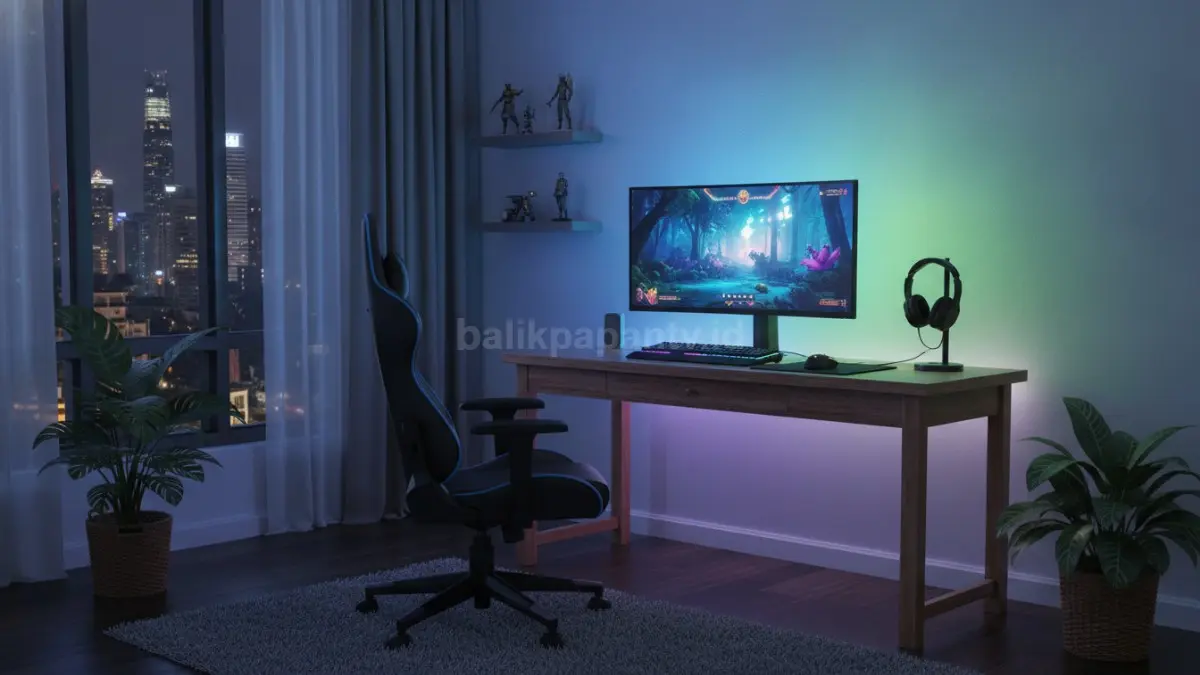 LED strip di belakang meja gaming menghadirkan cahaya ambient lembut, memperluas visual ruang dan mengurangi kelelahan mata.  (BTV/AI)