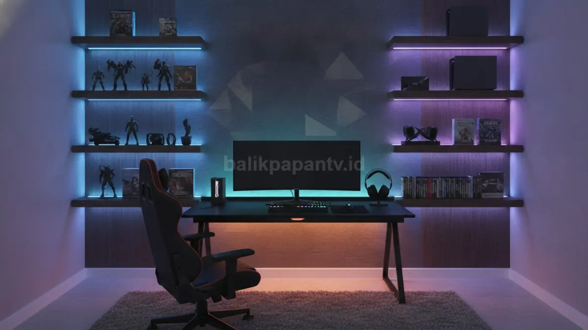 LED tersembunyi pada rak gaming menonjolkan koleksi, menciptakan fokus visual dan kesan rapi.  (BTV/AI)