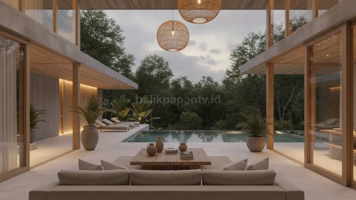 Luxury Minimalist Home dengan material alami, pencahayaan hangat, dan ruang terbuka elegan.  (BTV/AI)