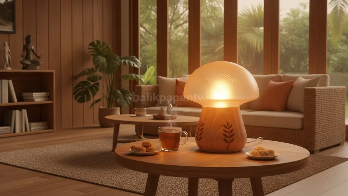 Mushroom Lamp Decor menjadi aksen pencahayaan hangat yang memperkuat karakter interior rumah.  (BTV/AI)