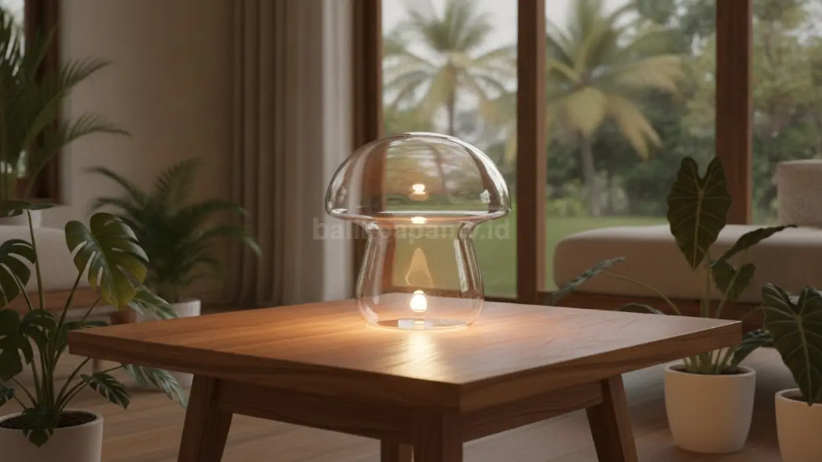Mushroom lamp kaca transparan memantulkan cahaya lembut, menghadirkan kesan modern, ringan, dan elegan.  (BTV/AI)