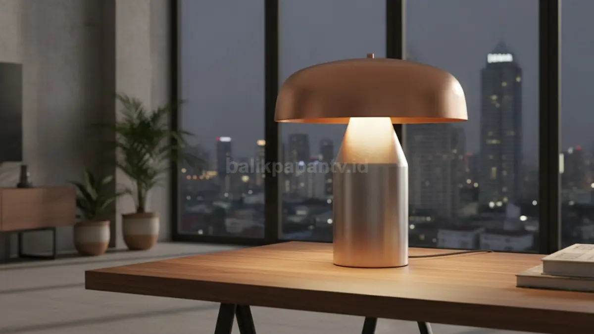 Mushroom lamp metalik menghadirkan kesan modern, dinamis, dan berkarakter pada berbagai ruangan interior.  (BTV/AI)