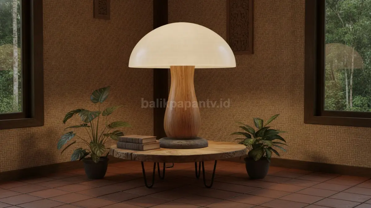 Mushroom lamp ukuran besar menciptakan fokus visual kuat dan mempertegas karakter ruangan.  (BTV/AI)