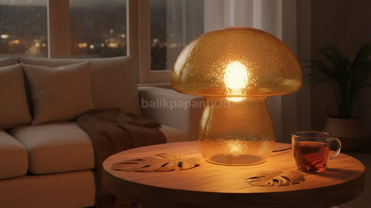Mushroom lamp warna amber menghadirkan cahaya hangat, nyaman, cocok untuk ruang santai malam.  (BTV/AI)