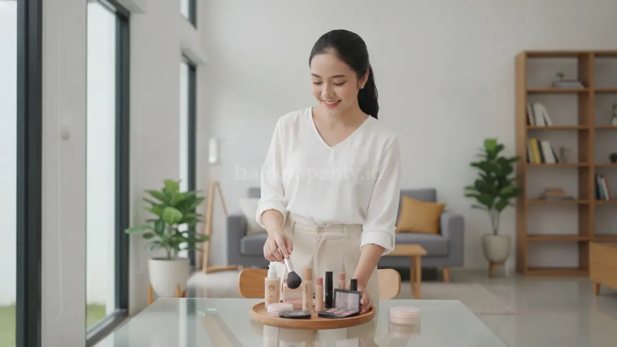 Pelajar menata produk makeup esensial yang digunakan untuk aktivitas sekolah dan kampus.
