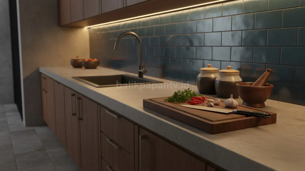Pencahayaan bawah kabinet membuat countertop terang, mendukung memasak, sekaligus menonjolkan tekstur material dapur.  (BTV/AI)