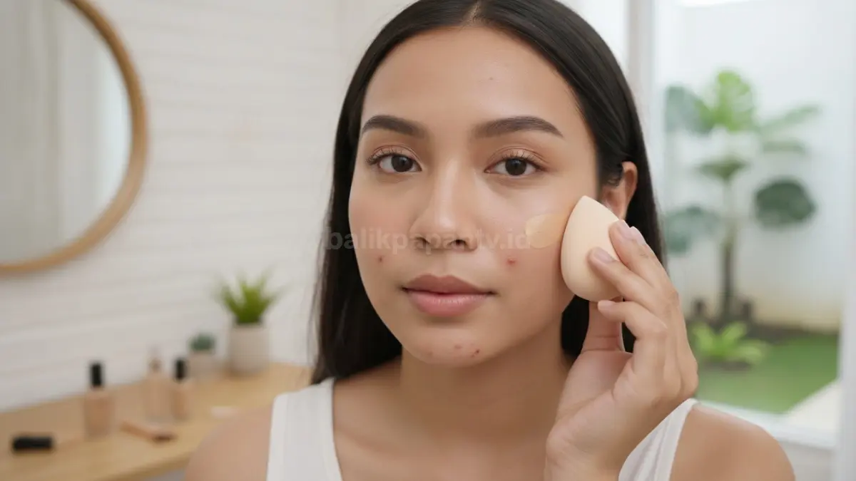 Penggunaan spons makeup untuk menyamarkan noda bekas jerawat secara alami.
