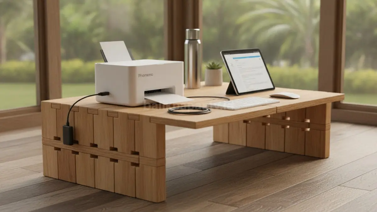 Printer portabel Phomemo dipadukan meja kerja ultra kompak untuk kebutuhan kerja fleksibel. (BTV/Ai)