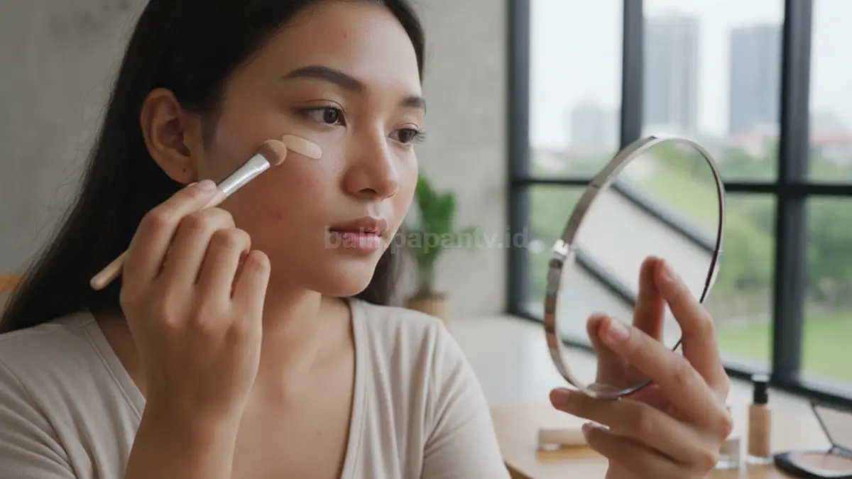 Proses aplikasi concealer pada bekas jerawat untuk membantu warna kulit terlihat lebih merata.
