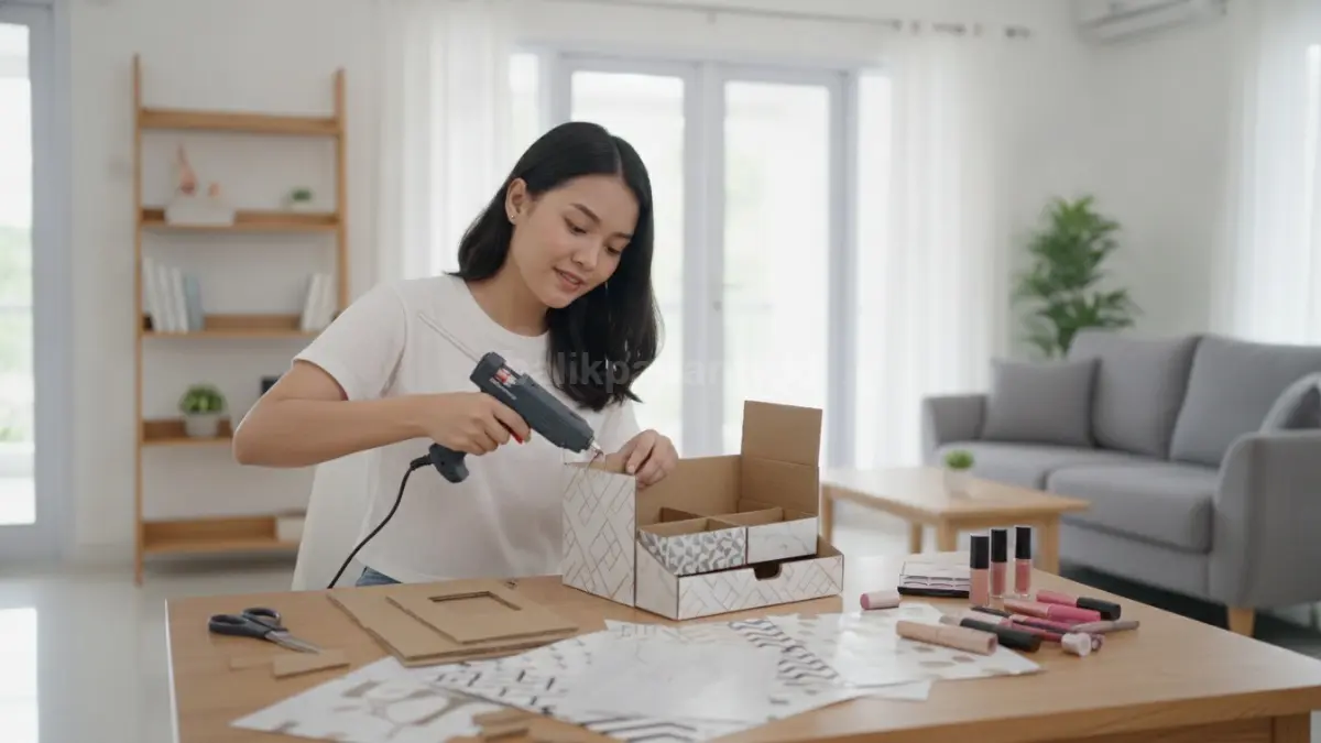 Proses merakit organizer makeup dari kardus tebal menggunakan lem dan pelapis dekoratif.
