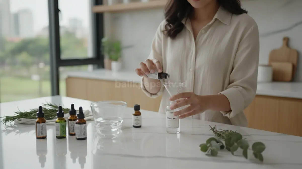 Proses pembuatan room spray aromaterapi dari campuran minyak esensial dan bahan sederhana.