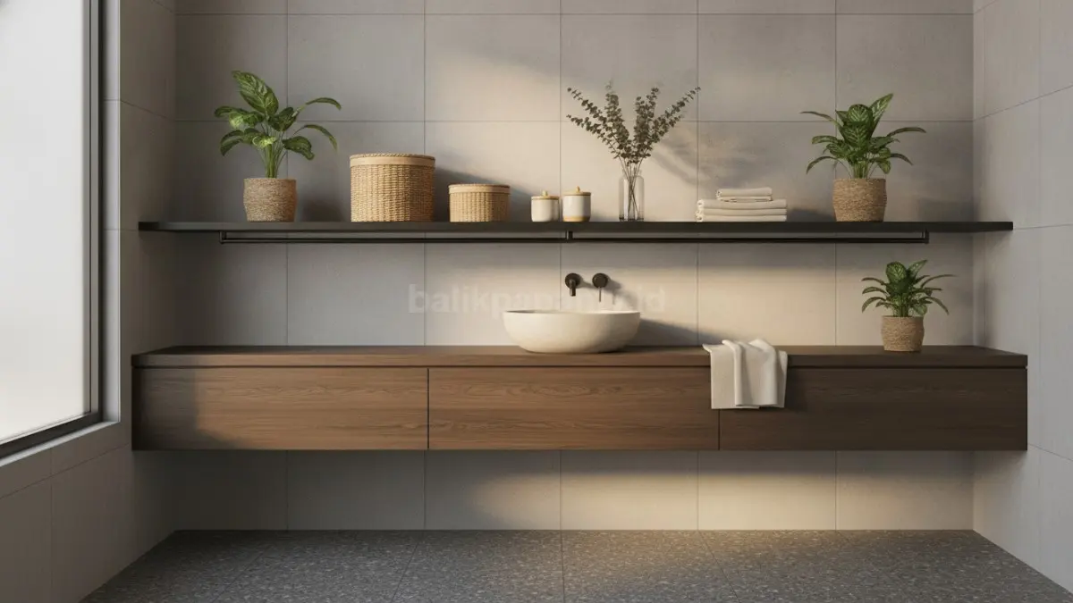 Rak hitam matte menghadirkan kontras elegan, memperkuat karakter modern kamar mandi tanpa terlihat berlebihan.  (BTV/AI)