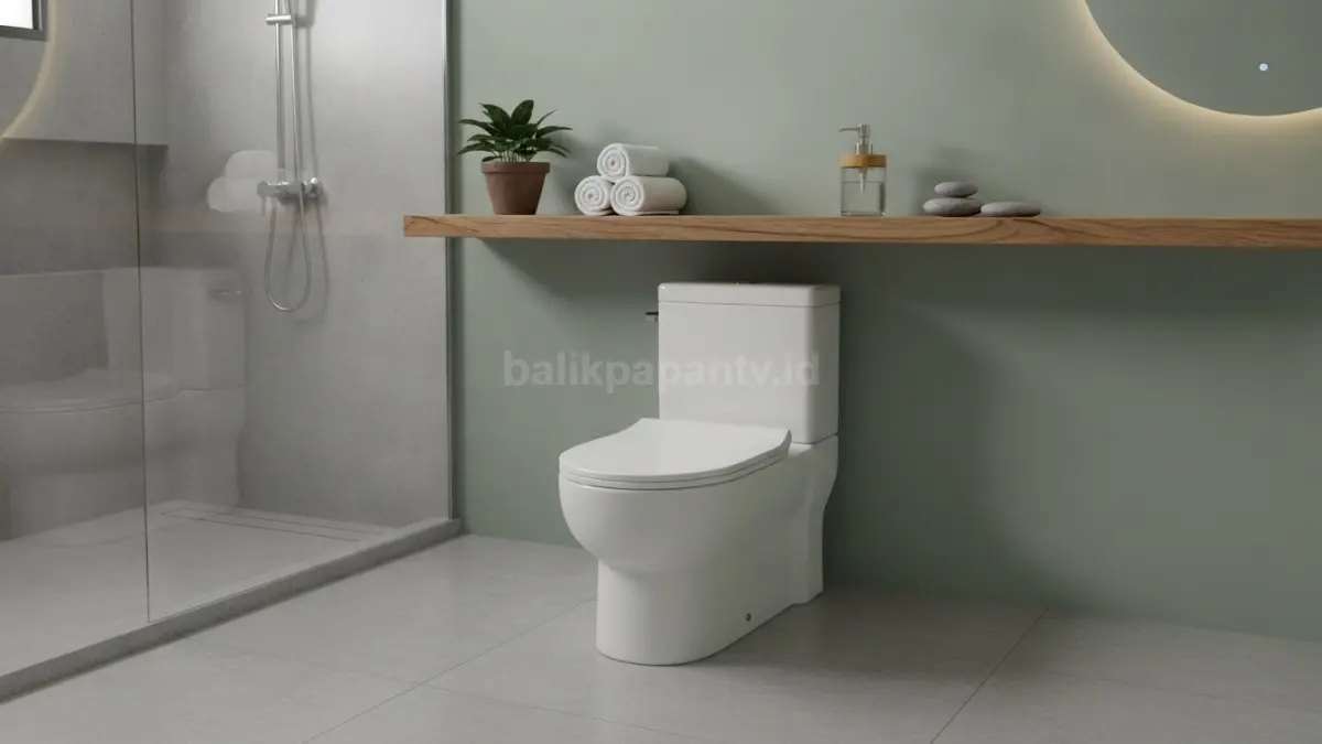 Rak kayu natural di atas toilet menghadirkan penyimpanan praktis sekaligus suasana kamar mandi hangat.  (BTV/AI)