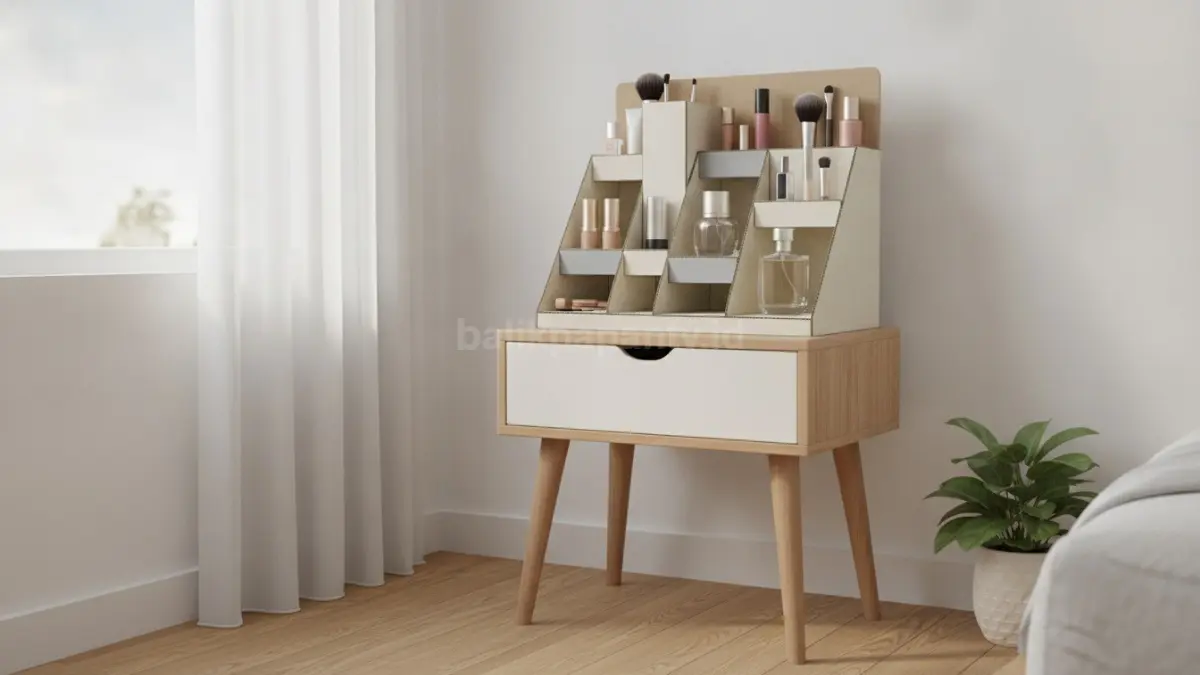 Rak makeup kardus modular yang membantu menghemat ruang pada meja rias berukuran kecil.
