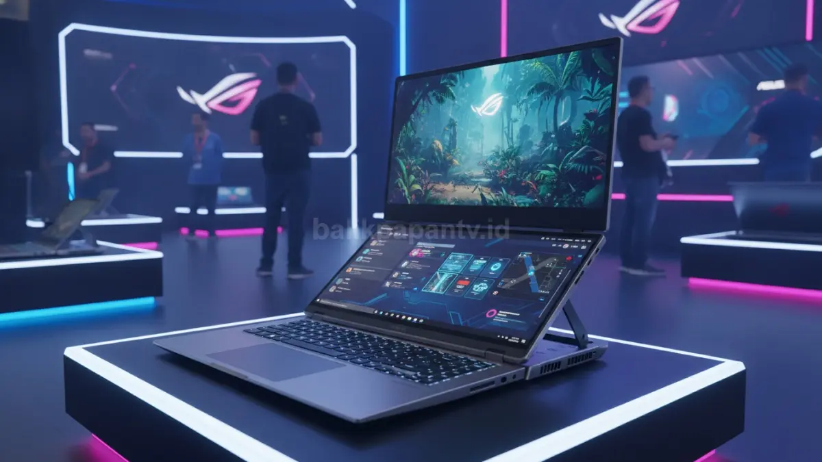 ROG Zephyrus Duo 2026 dengan dua layar OLED saat dipamerkan di stan ASUS ROG Computex 2026. (BTV/Ai)