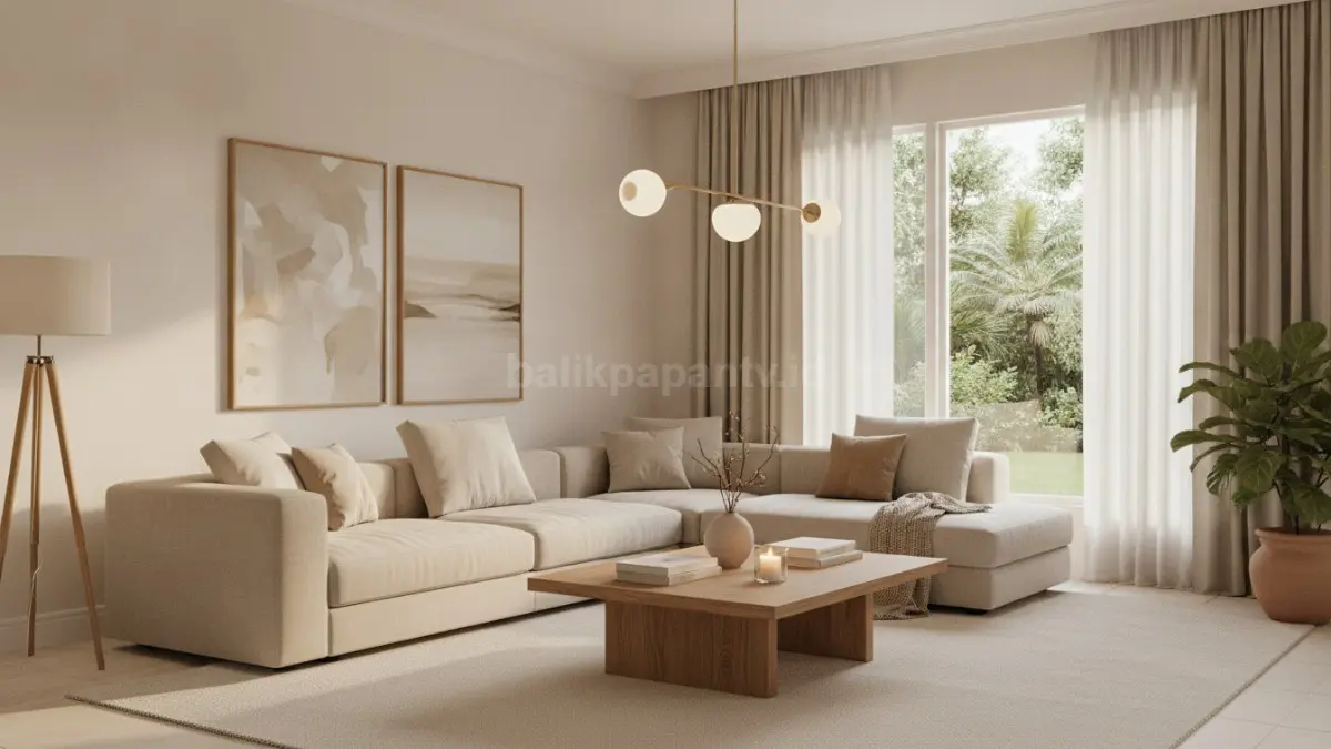 Ruang tamu warm minimalism bernuansa beige dan kayu alami menghadirkan kesan nyaman elegan berkelas. (BTV/Ai)
