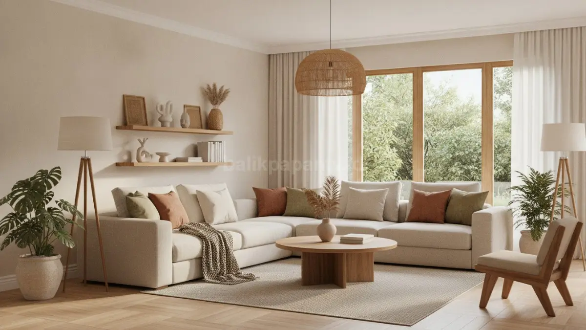 Ruang tamu warm minimalism dengan warna beige, kayu alami, dan pencahayaan hangat yang elegan (BTV/Ai)