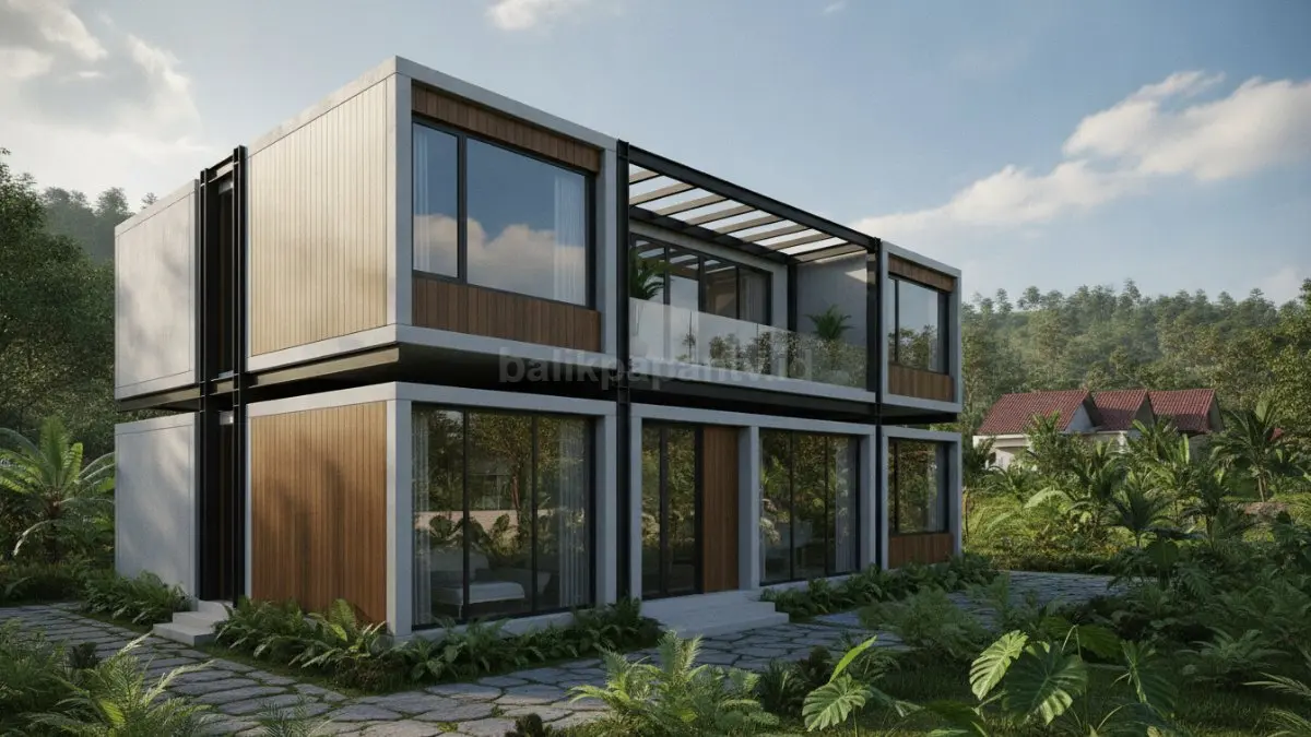 Rumah modular dua lantai memaksimalkan lahan terbatas dengan struktur modern aman dan efisien. (BTV/Ai)
