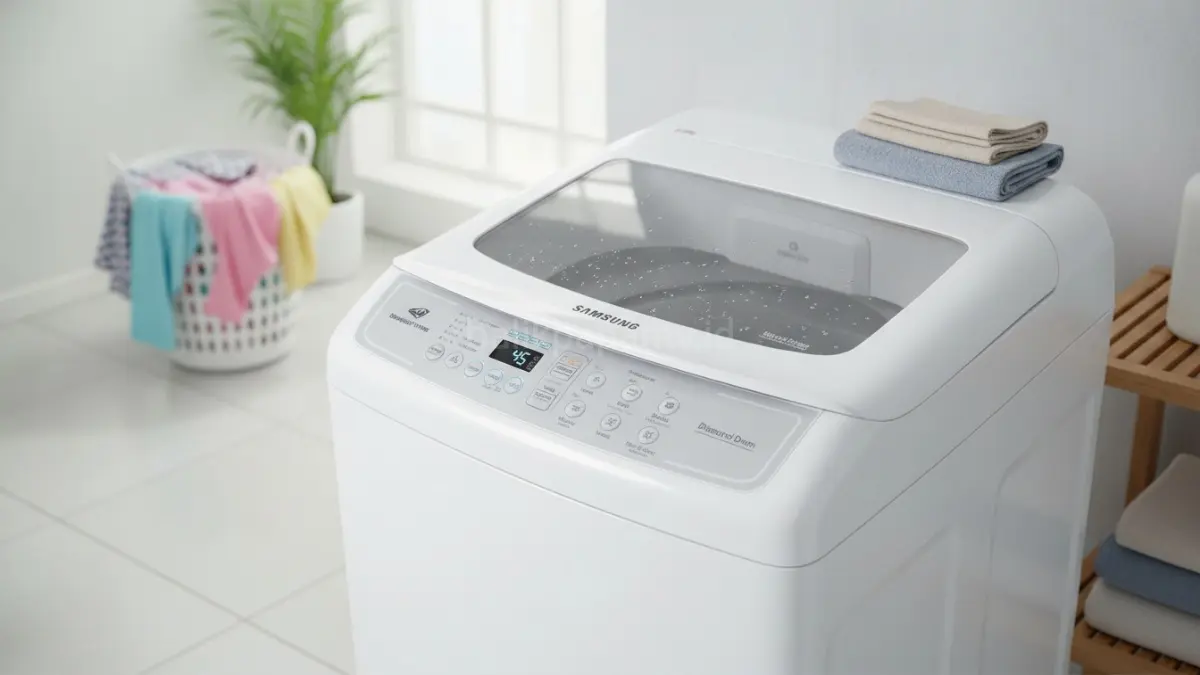 Samsung WA80H4000SW 8 kg menawarkan pencucian otomatis praktis dengan fitur Diamond Drum yang lembut.(BTV/AI) 