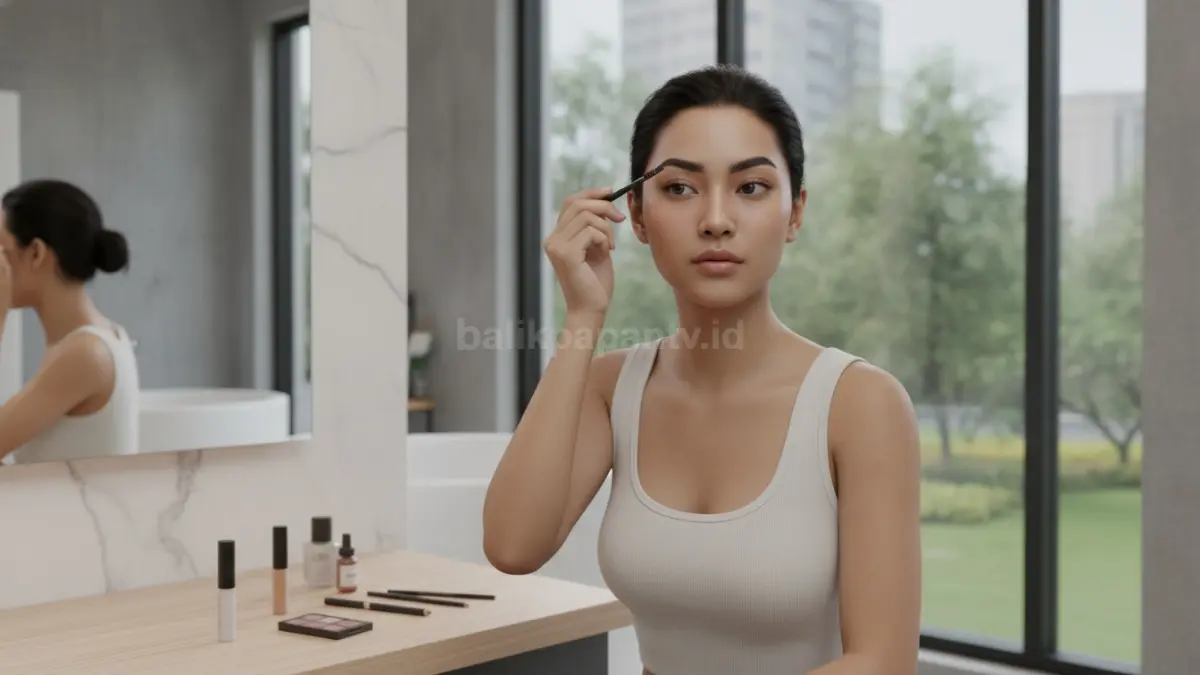 Seorang perempuan merapikan alis dengan hasil presisi dan tahan lama untuk aktivitas harian.

