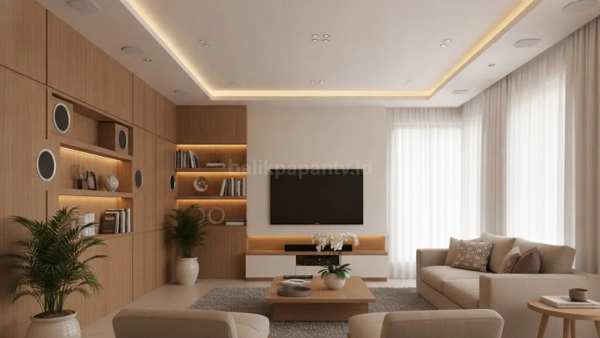 Speaker pintar tersembunyi menyatu dalam interior rumah minimalis, menciptakan ruang rapi dan modern. (BTV/Ai)
