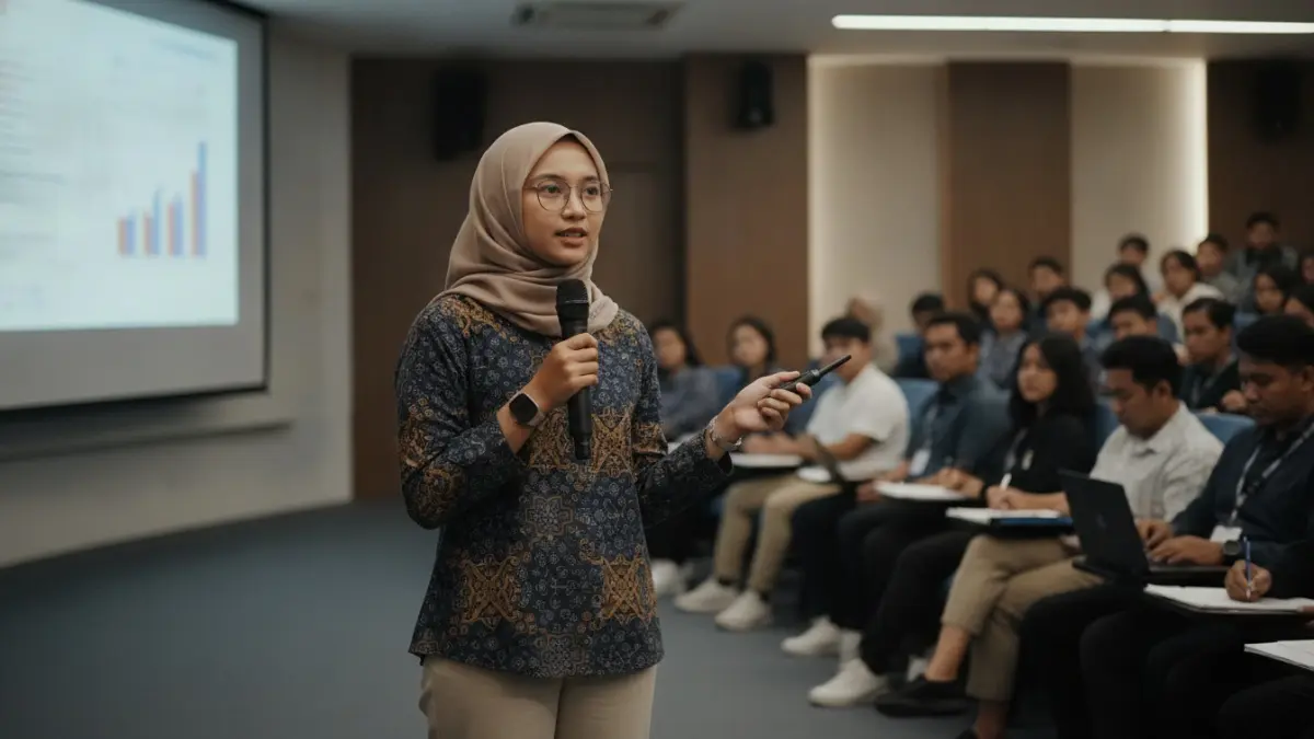 Strategi psikologis dan praktis mengatasi kecemasan public speaking untuk presentasi percaya diri di berbagai situasi. (BTV/AI)
