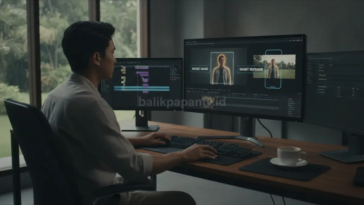 Tampilan workflow editing video menggunakan fitur Magic Mask dan Smart Reframe. (BTV/Ai)