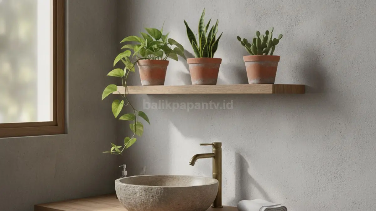 Tanaman kecil di floating shelf menghadirkan nuansa segar alami pada kamar mandi minimalis.  (BTV/AI)