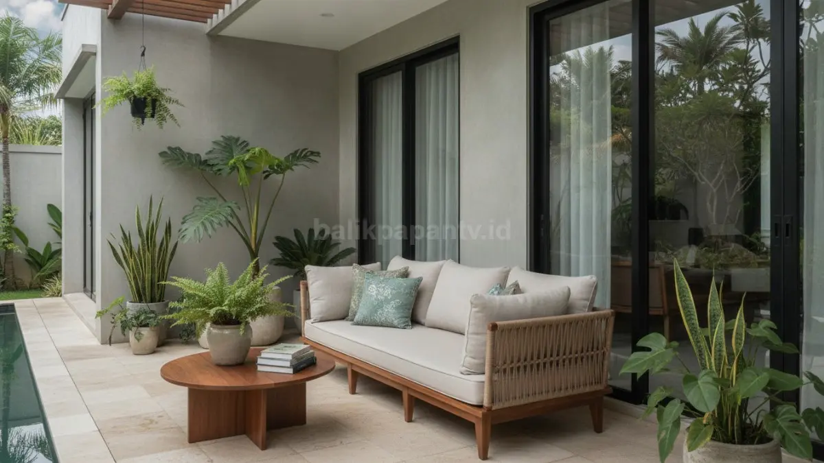 Teras rumah minimalis modern dengan bangku santai dan tanaman hijau yang nyaman untuk aktivitas keluarga.
