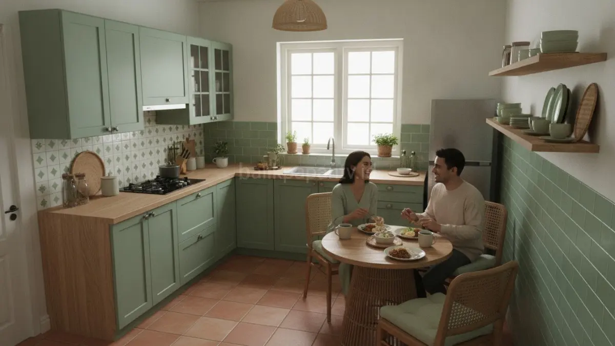 Warna hijau lembut menjadi tren dapur kecil 2026 karena terasa luas, hangat, dan menenangkan.(BTV/AI) 