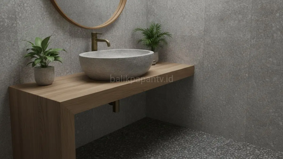 Wastafel batu alam bertekstur menghadirkan karakter unik, alami, dan elegan pada kamar mandi.(BTV/AI) 