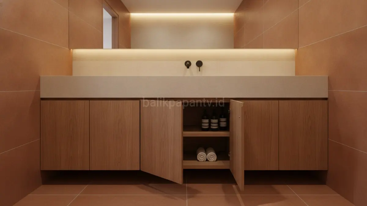 Wastafel dengan penyimpanan tersembunyi menjaga kamar mandi tetap rapi, praktis, dan modern.(BTV/AI) 