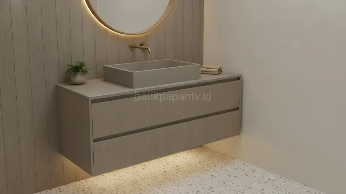Wastafel greige dengan kabinet melayang menghadirkan kesan lapang, hangat, dan modern.(BTV/AI) 