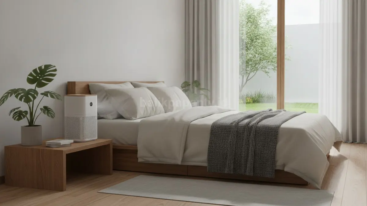 Air purifier HEPA room filter membantu mengurangi partikel tungau di udara kamar sehingga mendukung kebersihan ruangan tidur jangka panjang (BTV/Ai)
