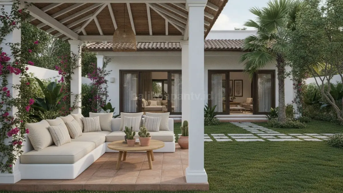 Area outdoor living semi terbuka menyatu dengan taman tanpa dinding penuh, menciptakan ruang santai keluarga yang nyaman dan alami. (BTV/Ai)
