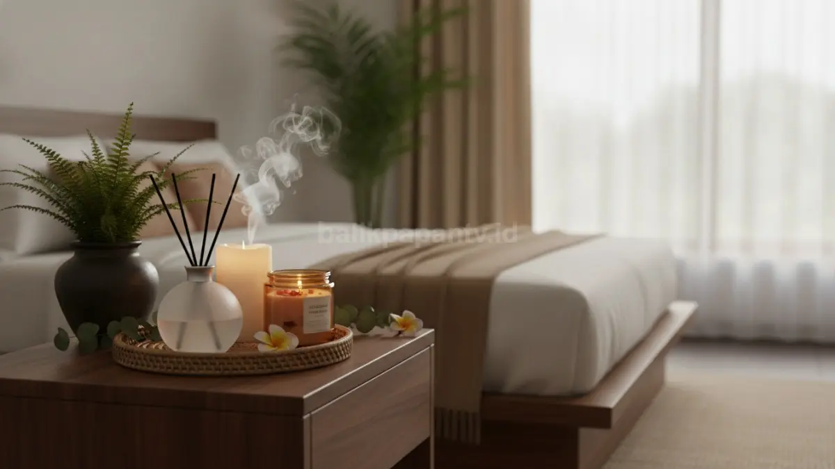 Aromaterapi dan lilin dekoratif menciptakan suasana rileks sekaligus mempercantik tampilan bedside table.  (BTV/AI)