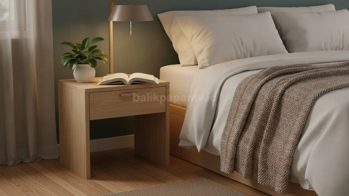 Bedside table modern dengan lampu baca, buku, dan tanaman kecil untuk kamar nyaman.  (BTV/AI)