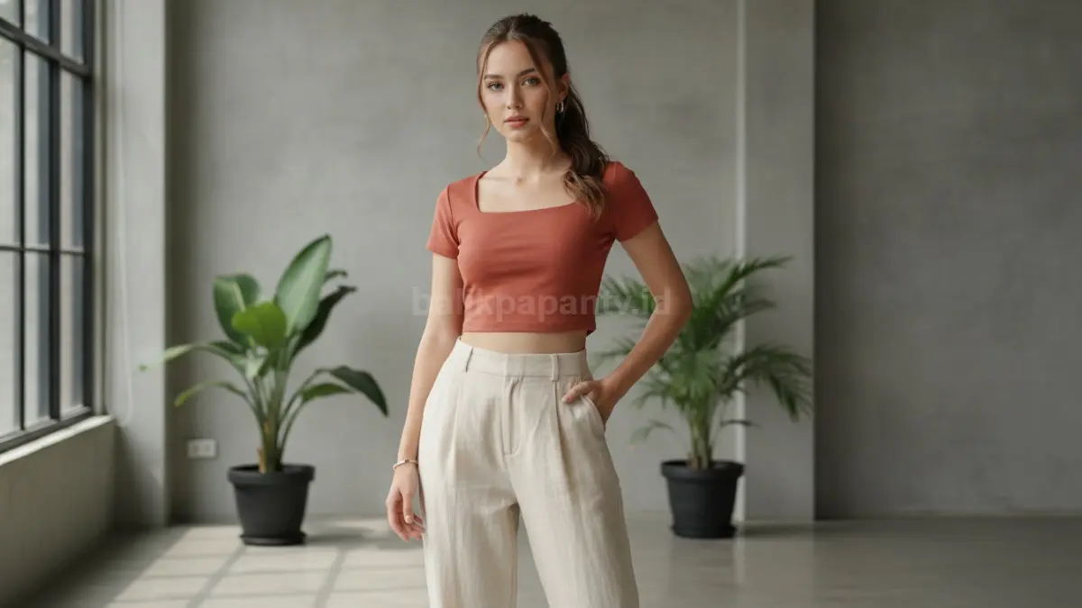 Celana high-waisted dipadukan crop top menciptakan tampilan rapi dan stylish.
