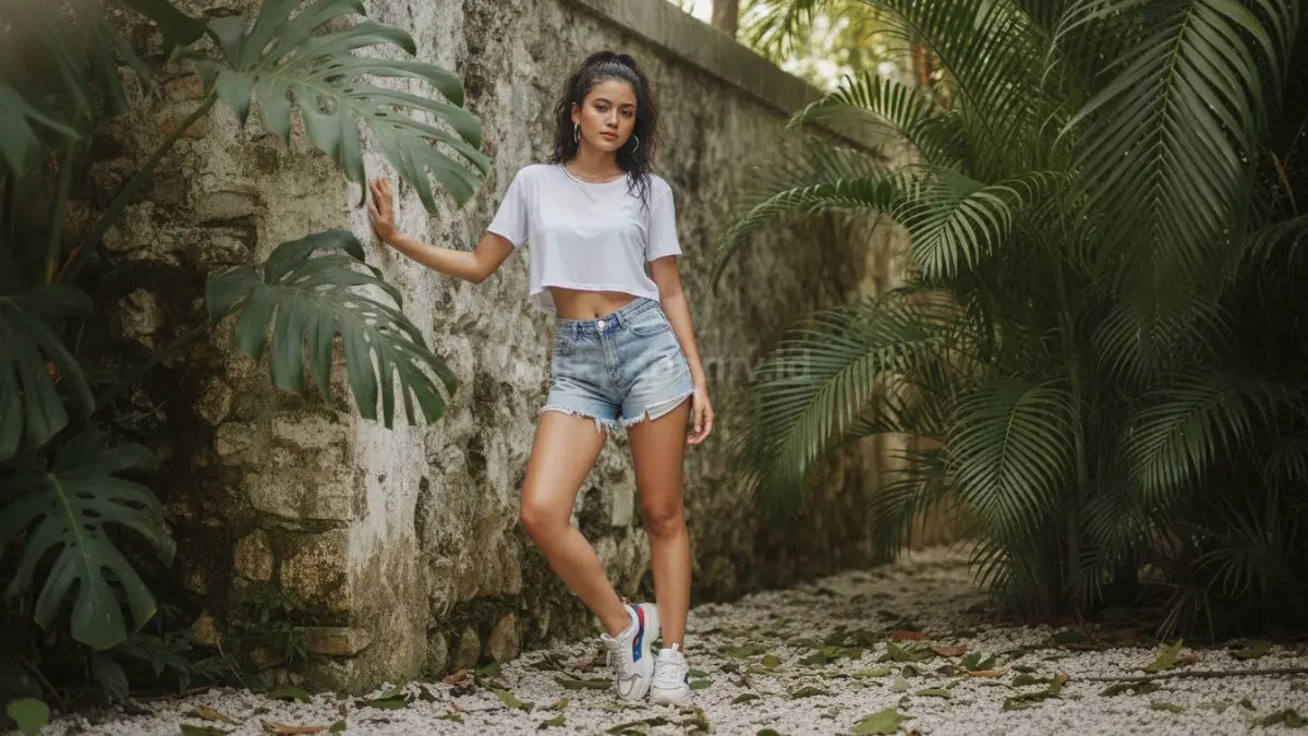 Crop top polos dan jorts menghadirkan gaya sporty yang nyaman untuk aktivitas harian.